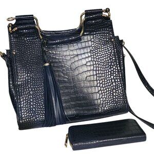 Navy Blue Croc-Embossed Vegan Leather Tote Bag & Wallet Set With Gold-Tone Hardw